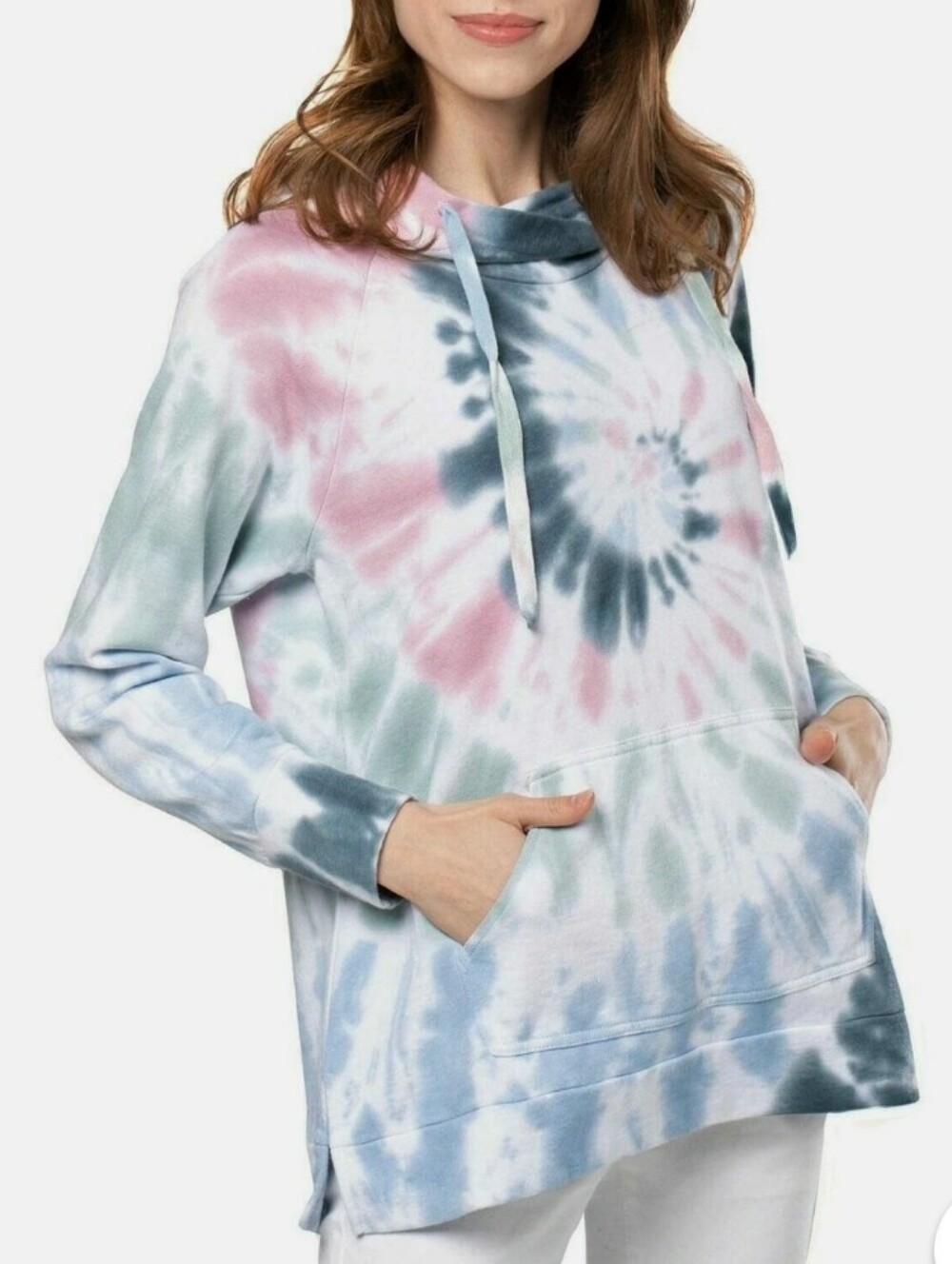 Green Tea Tie-Dye Pastel Multicolor Pullover Hoodie With Pockets Size Small